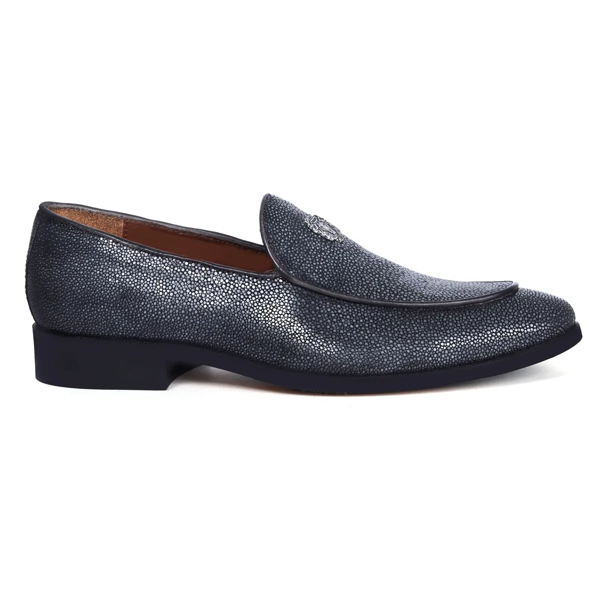 Sleek Round Toe Penny Loafer in Premium Stingray Fish Grey Leather Slip-On