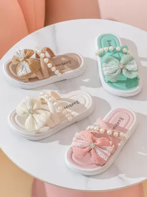 Summer Sparkle Kids' Slide Sandals with Pearl and Bow Accents By Liv and Mia