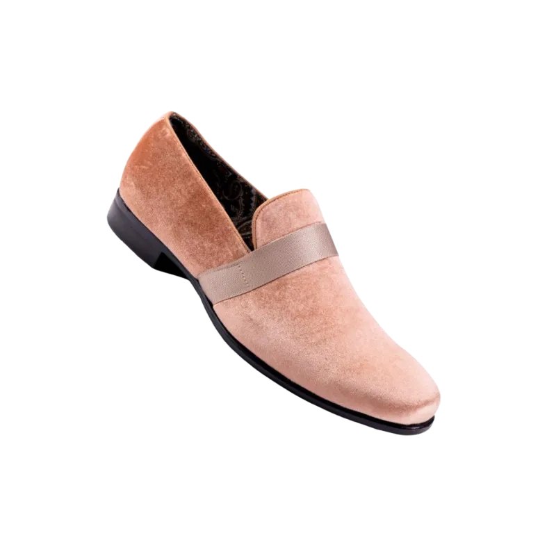 Tan Velvet Men's Shoe Slip-on with a satin ribbon Tuxedo Loafers