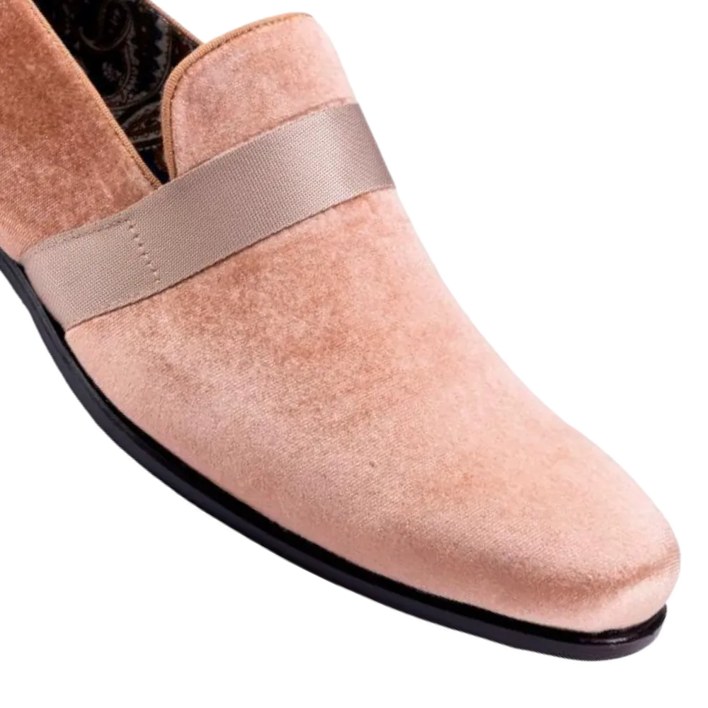 Tan Velvet Men's Shoe Slip-on with a satin ribbon Tuxedo Loafers