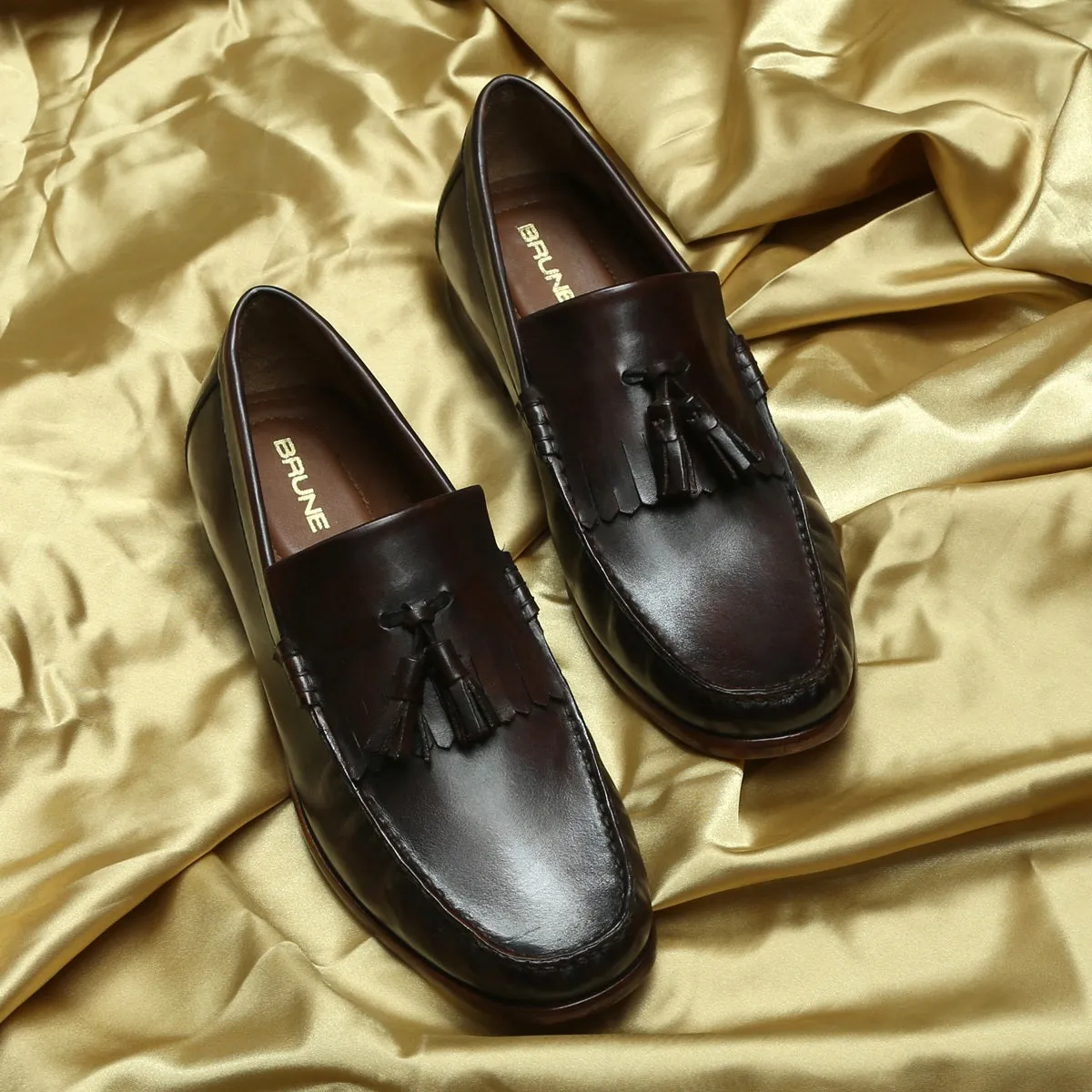 Tassel-Fringes Loafers in Dark Brown Leather with Leather Sole