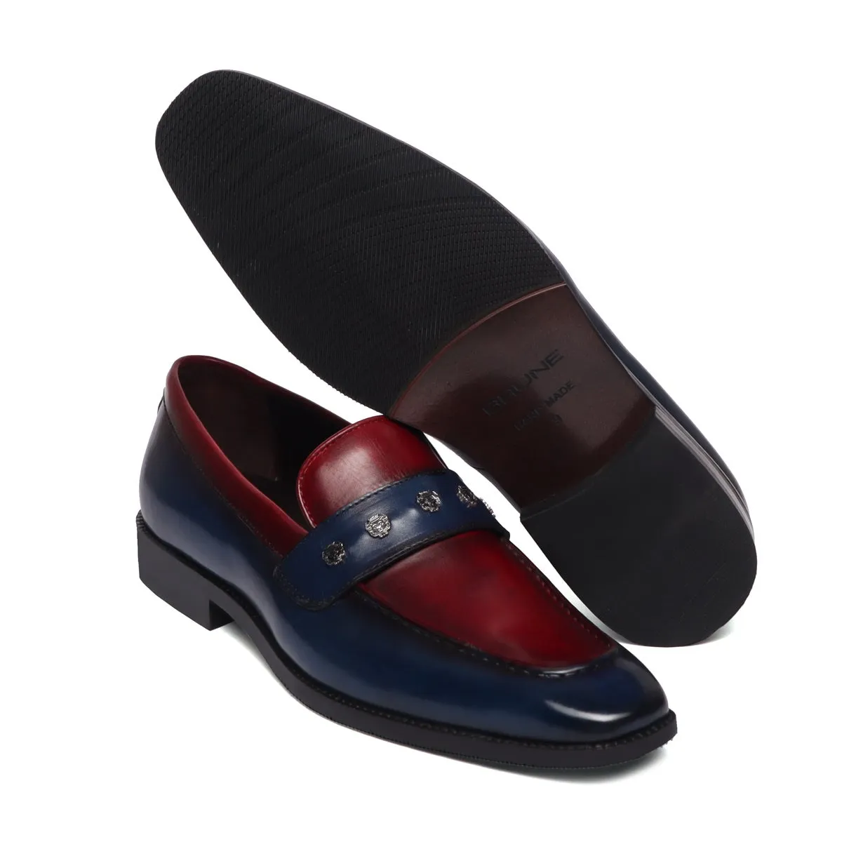 Two Tone Penny Loafer in Blue-Wine Designer Formal Slip-On Shoes