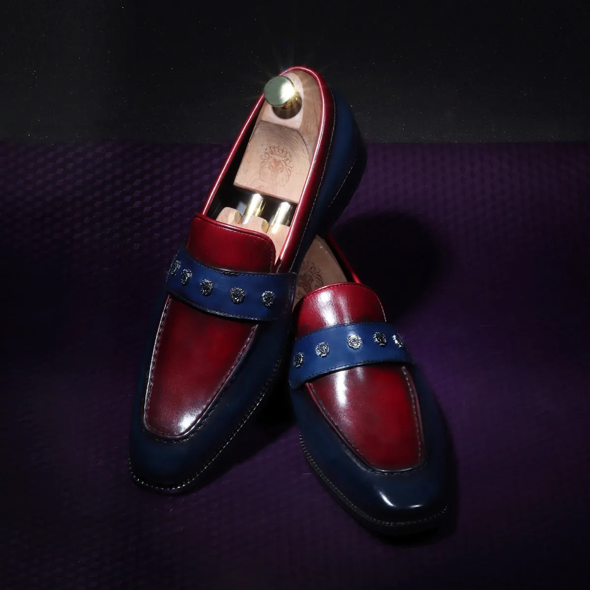 Two Tone Penny Loafer in Blue-Wine Designer Formal Slip-On Shoes