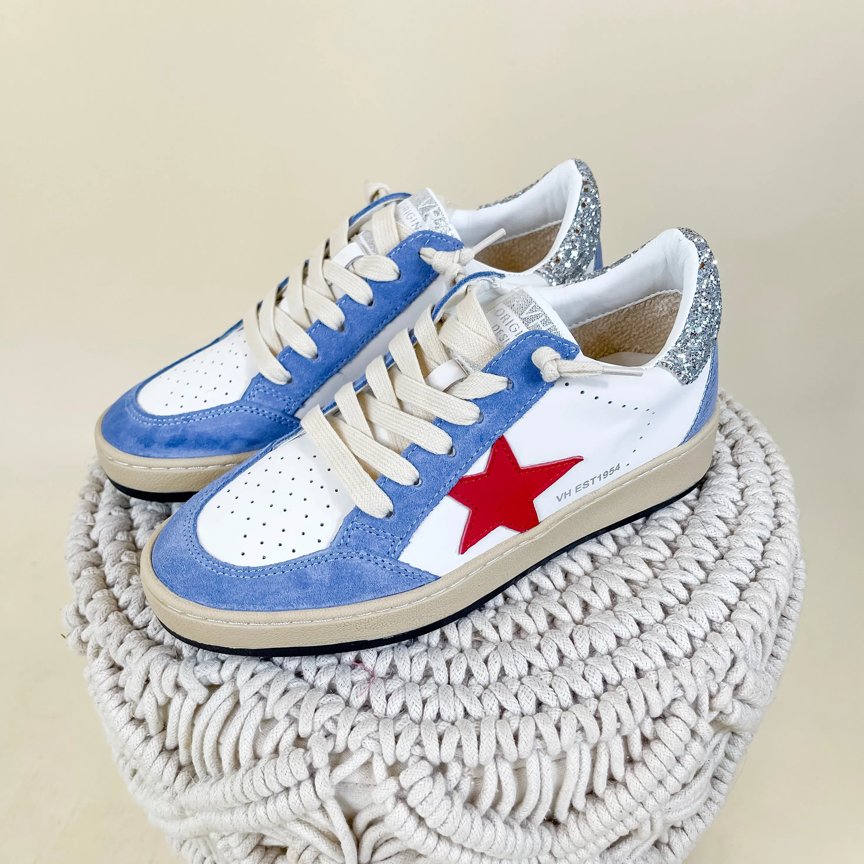 Vintage Havana | Denisse 25 Sneakers in Blue, Red, and Silver Glitter