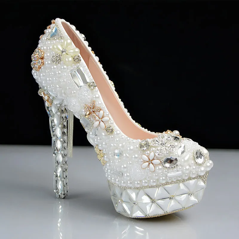 Women's Wedding Shoes Decorative Heel Wedding Heels Bridal Shoes With Beading WS0002